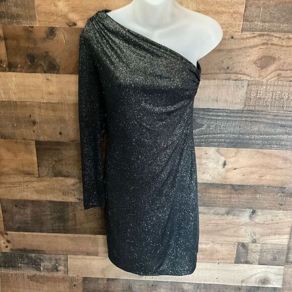 Allen B by Allen Schwartz Black Sparkle One-Sleeve Mini Glitter Party Dress XS - Picture 8 of 8